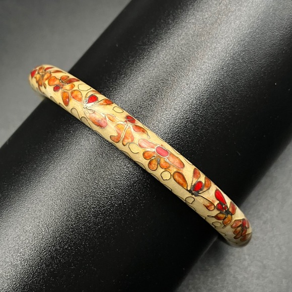 Jewelry - Vintage Cloisonné Enamel Bangle Bracelet Cream Red Orange Floral 7.5 Inch
